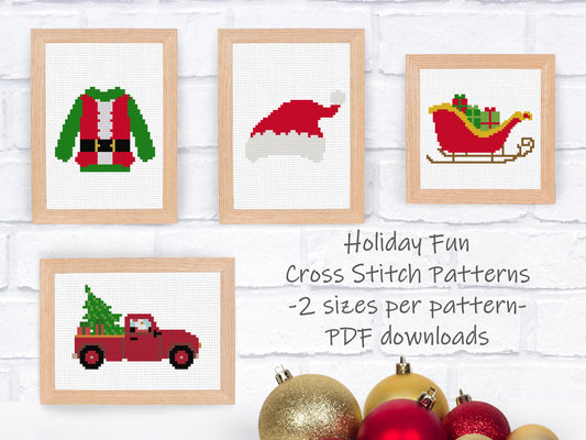 Christmas Cross Stitch Pattern Set - 2 sizes per motif | Perfect for Stocking Cuffs or Holiday Ornaments | Holiday Fun Set