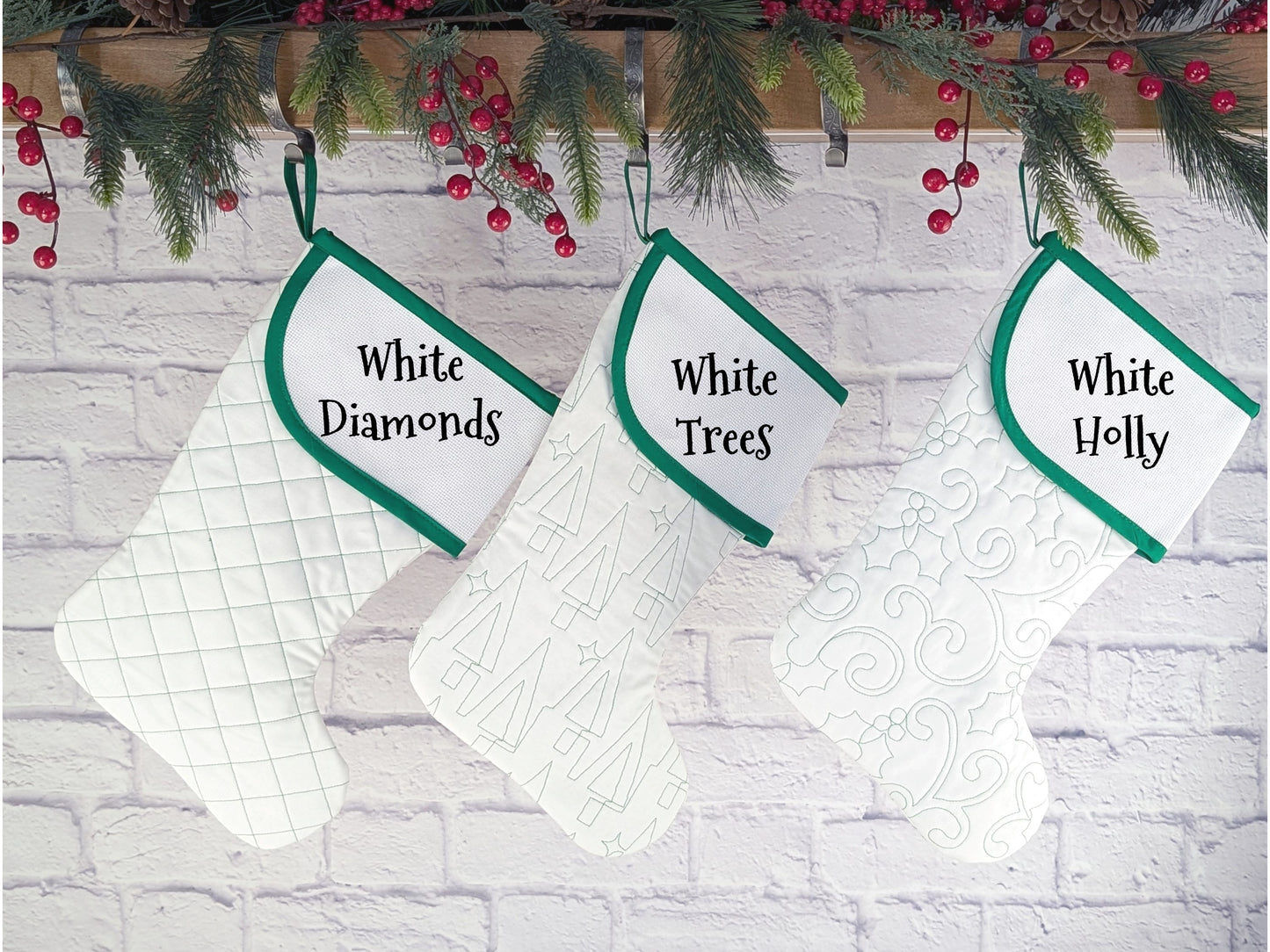 Quilted Christmas Stocking with Cross-Stitch-able Aida Cuff | LIMITED EDITION - CHARLES Style | Green or White | Quilted and Fully Lined