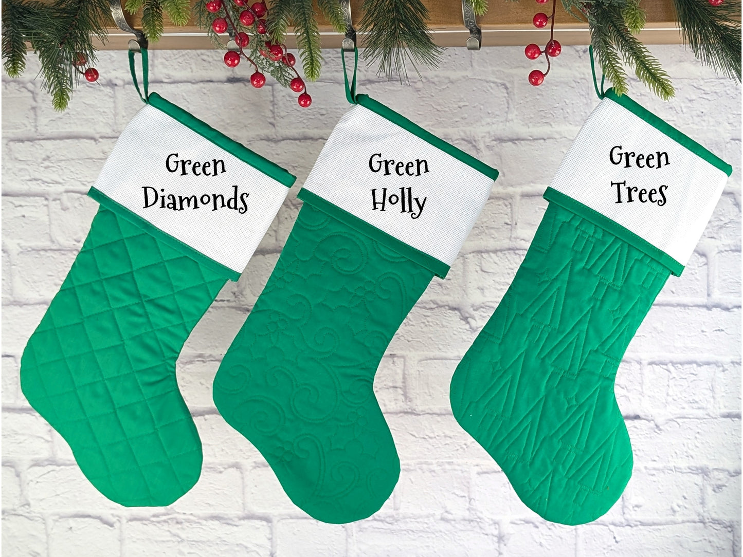 Quilted Christmas Stocking with Cross-Stitch-able Aida Cuff | LIMITED EDITION - ORIGINAL Style | Green or White | Quilted and Fully Lined