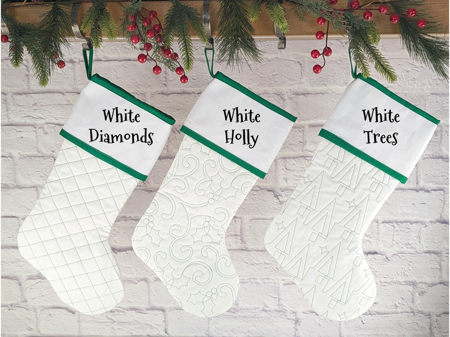 Quilted Christmas Stocking with Cross-Stitch-able Aida Cuff | LIMITED EDITION - ORIGINAL Style | Green or White | Quilted and Fully Lined