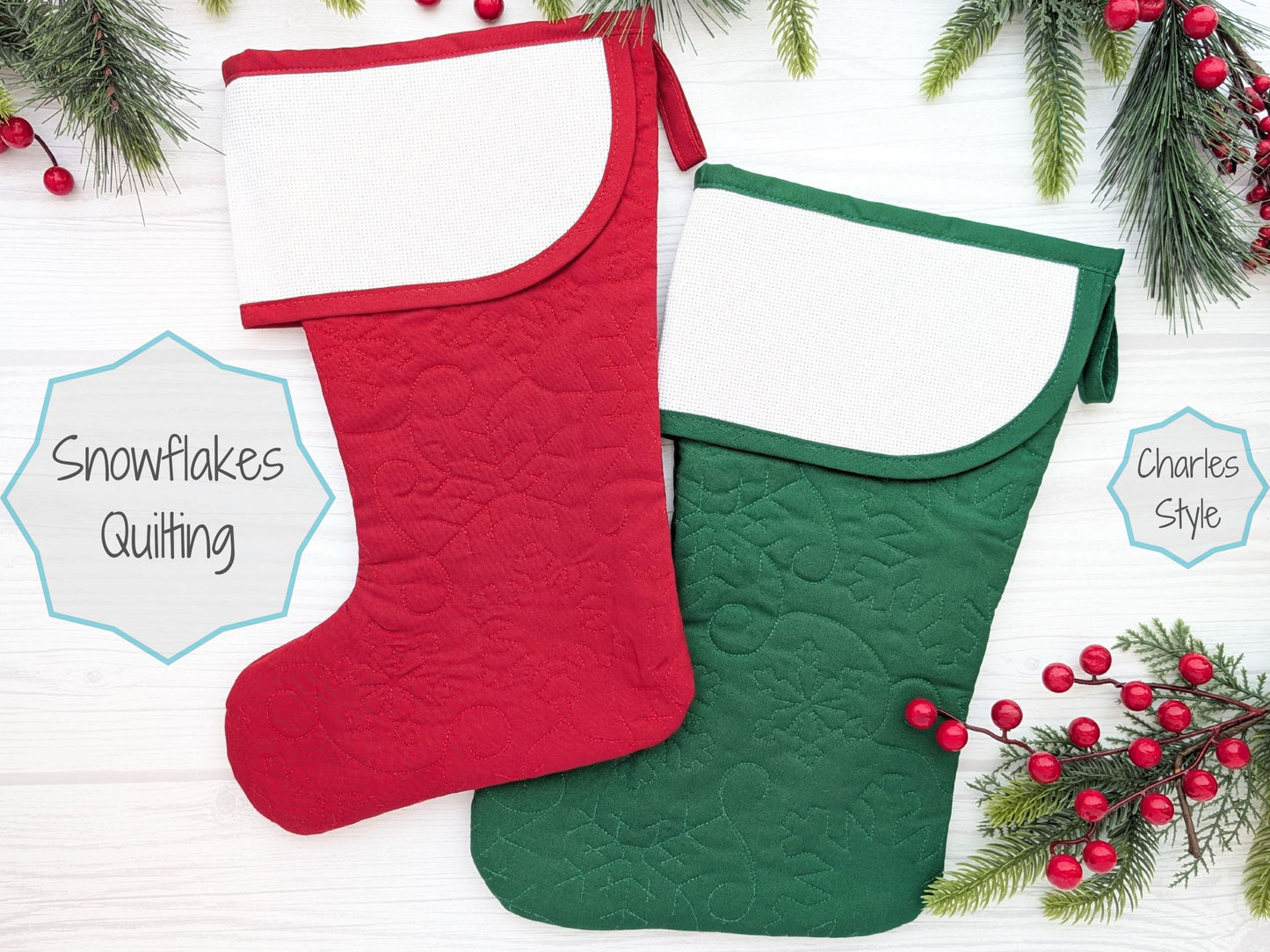 blank quilted Christmas stocking with cross stitch aida cuff in dark red, bright red, or dark green with waves quilting