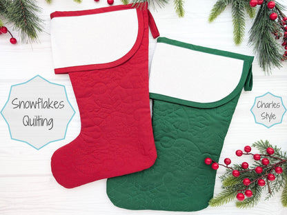 blank quilted Christmas stocking with cross stitch aida cuff in dark red, bright red, or dark green with waves quilting
