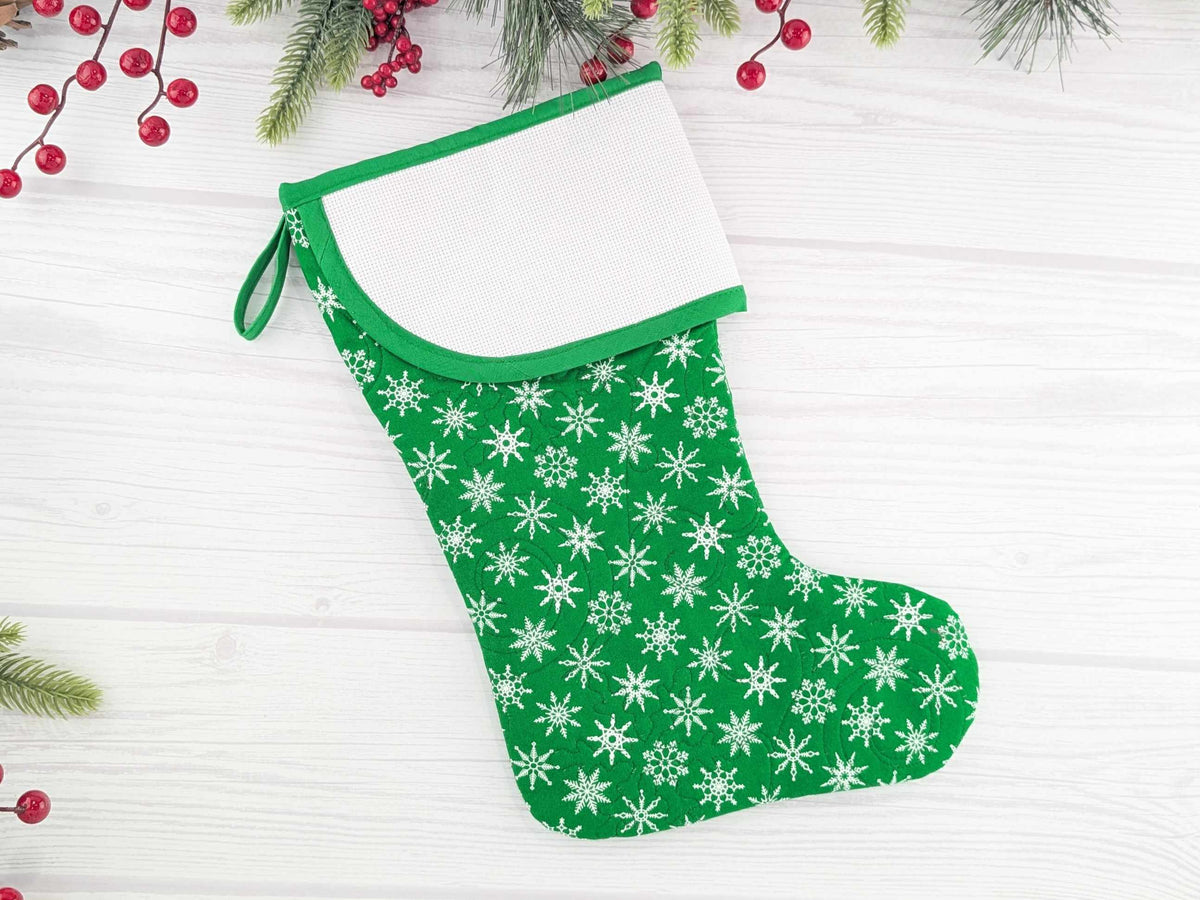 Blank Green Snowflakes Christmas Stocking with Cross Stitchable Cuff - Curved Style