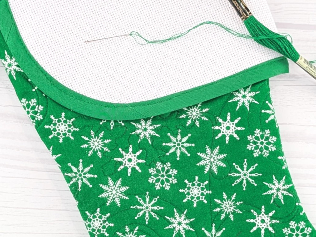 Blank Green Snowflakes Christmas Stocking with Cross Stitchable Cuff - Curved Style