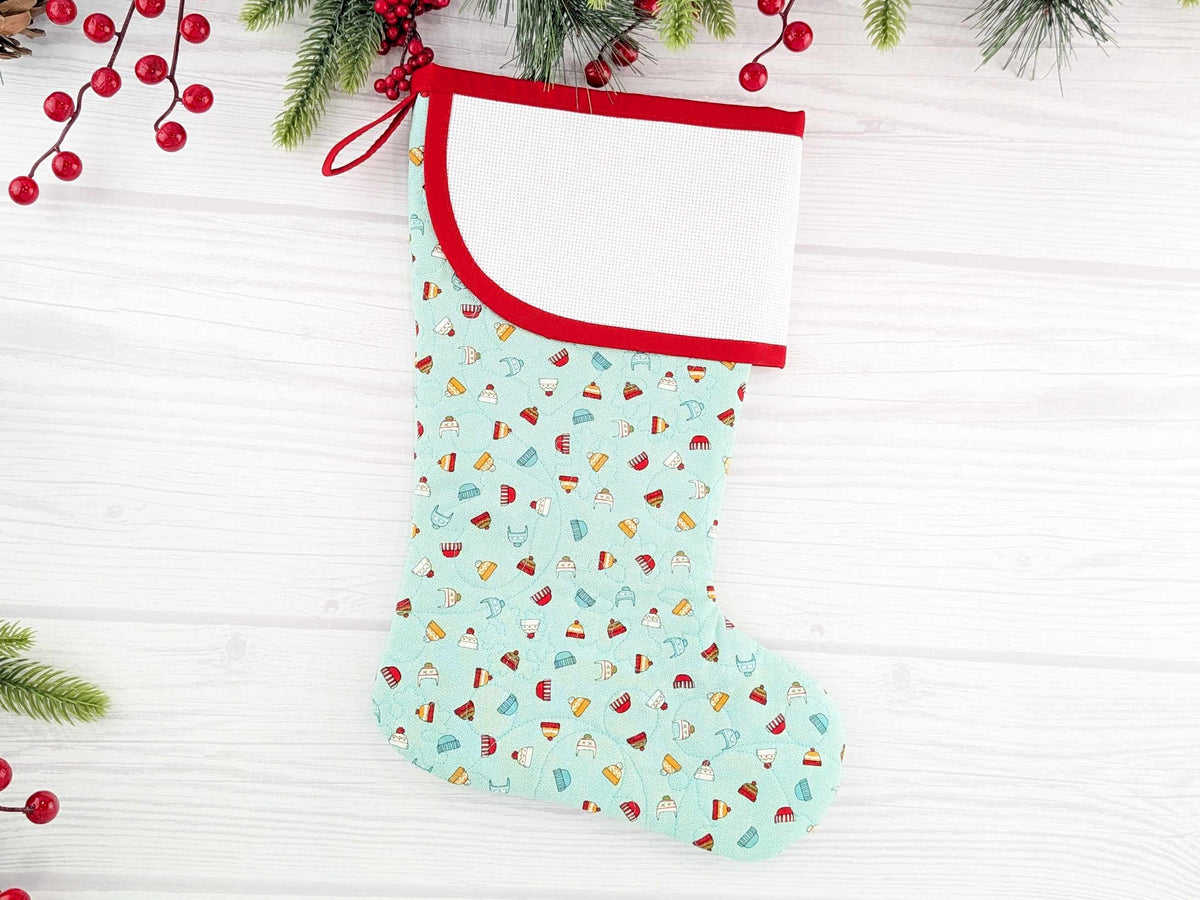 Blank Aqua Snow Hats Christmas Stocking with Cross Stitchable Cuff - Curved Style