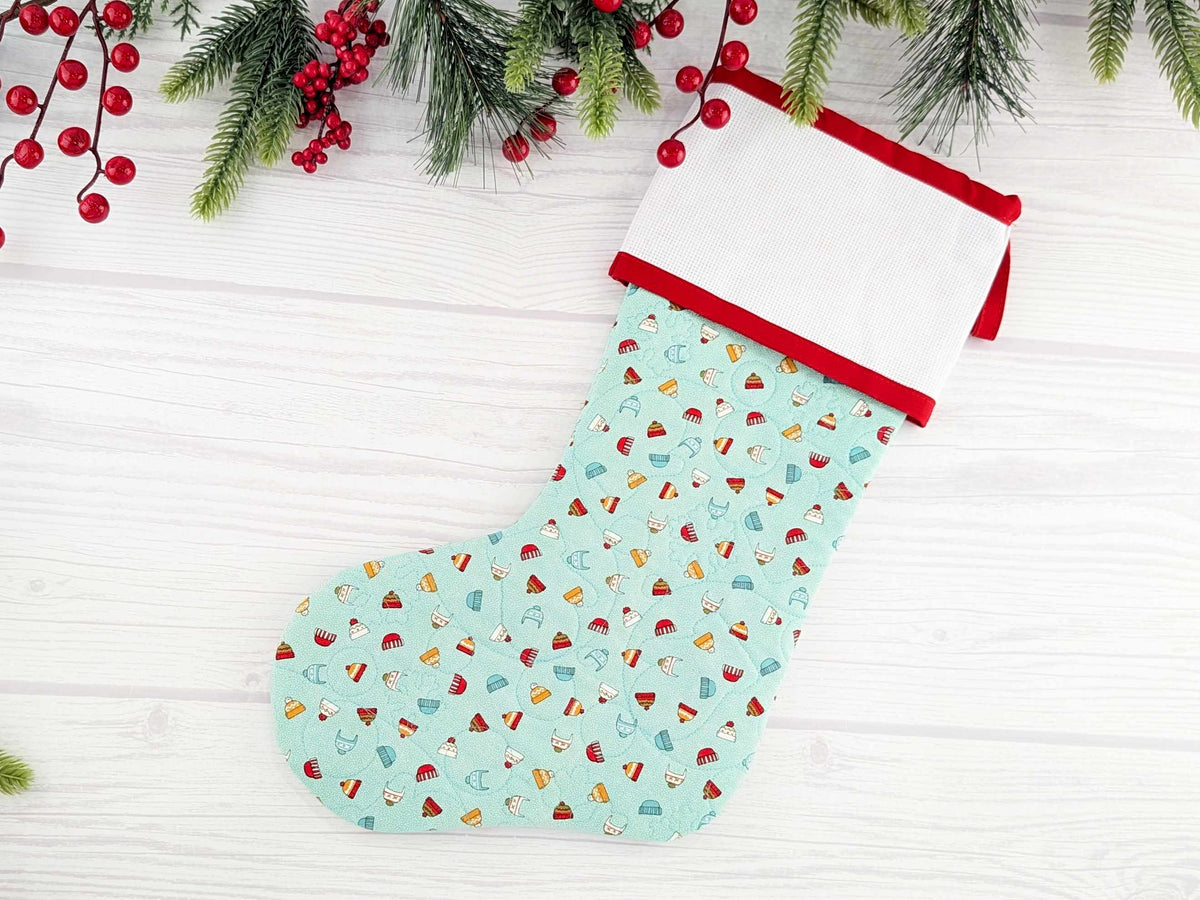Blank Aqua Snow Hats Christmas Stocking with Cross Stitchable Cuff - Straight Style