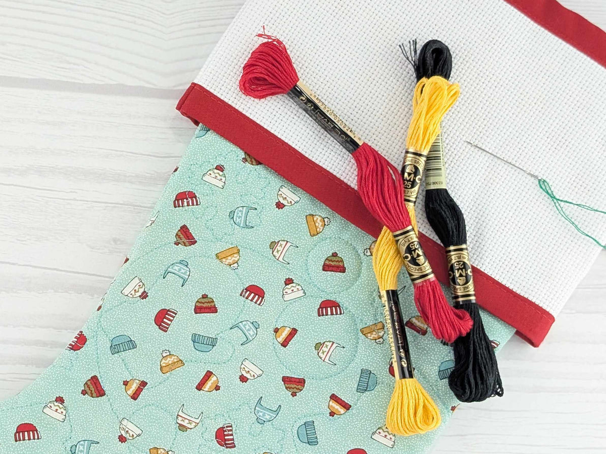 Blank Aqua Snow Hats Christmas Stocking with Cross Stitchable Cuff - Straight Style