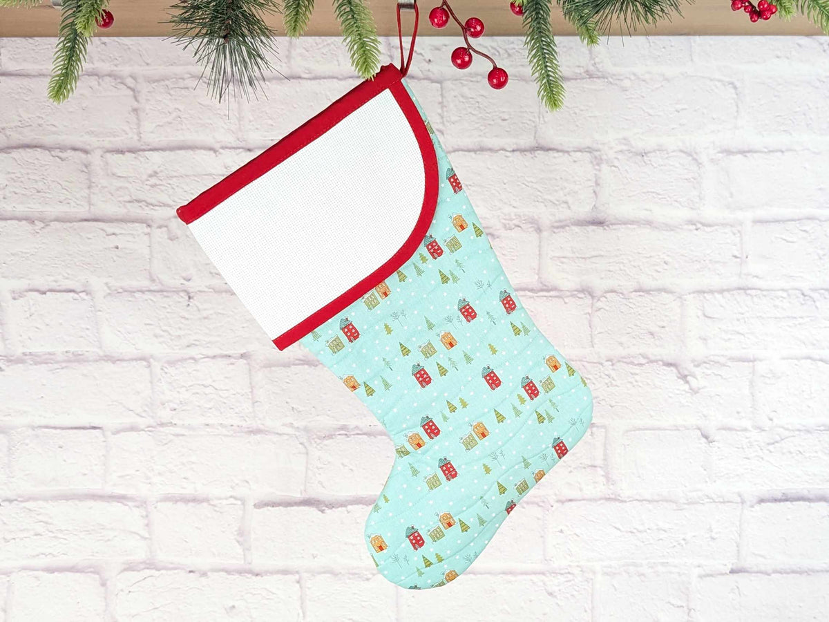 Blank Aqua Snowy Village Christmas Stocking with Cross Stitchable Cuff - Curved Style