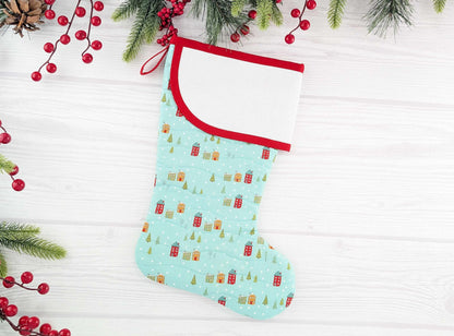 Blank Aqua Snowy Village Christmas Stocking with Cross Stitchable Cuff - Curved Style
