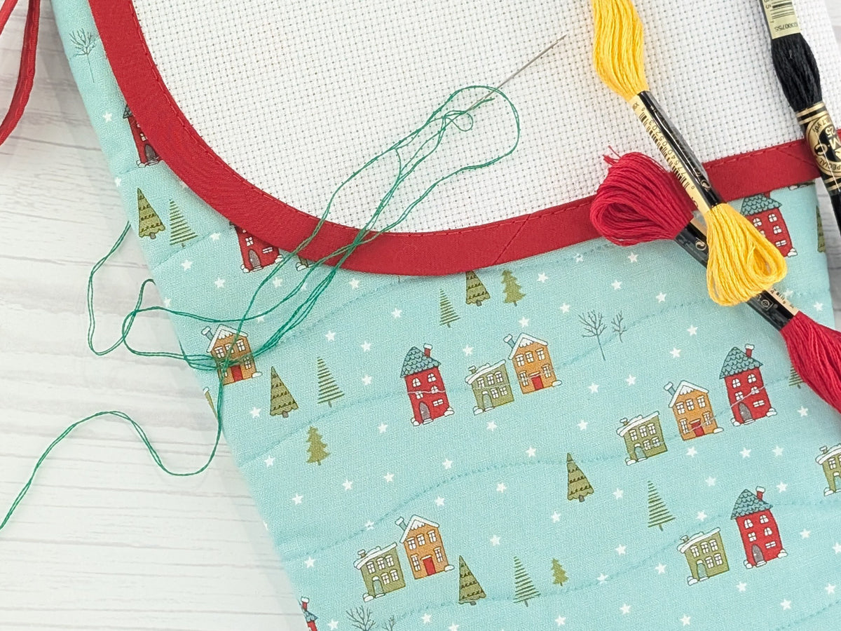 Blank Aqua Snowy Village Christmas Stocking with Cross Stitchable Cuff - Curved Style