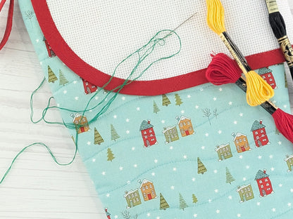 Blank Aqua Snowy Village Christmas Stocking with Cross Stitchable Cuff - Curved Style
