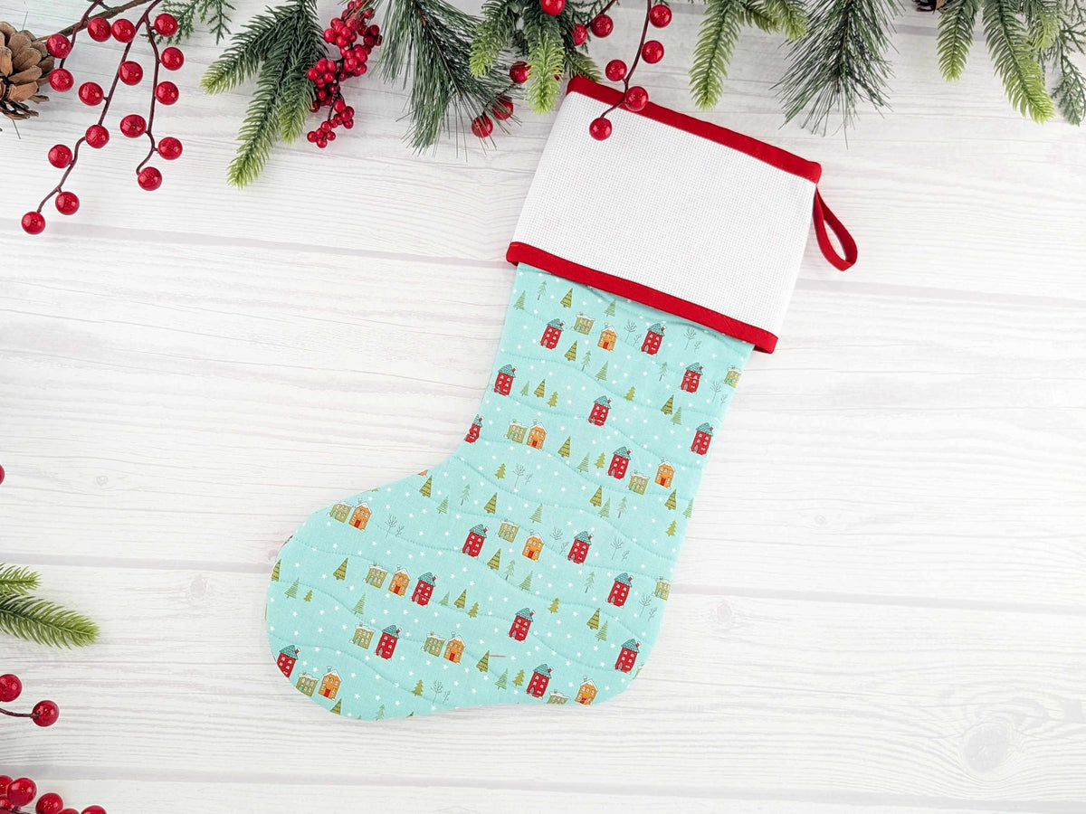 Blank Aqua Snowy Village Christmas Stocking with Cross Stitchable Cuff - Straight Style