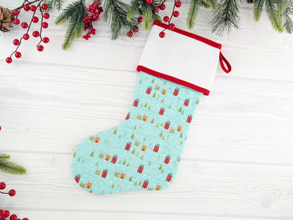 Blank Aqua Snowy Village Christmas Stocking with Cross Stitchable Cuff - Straight Style