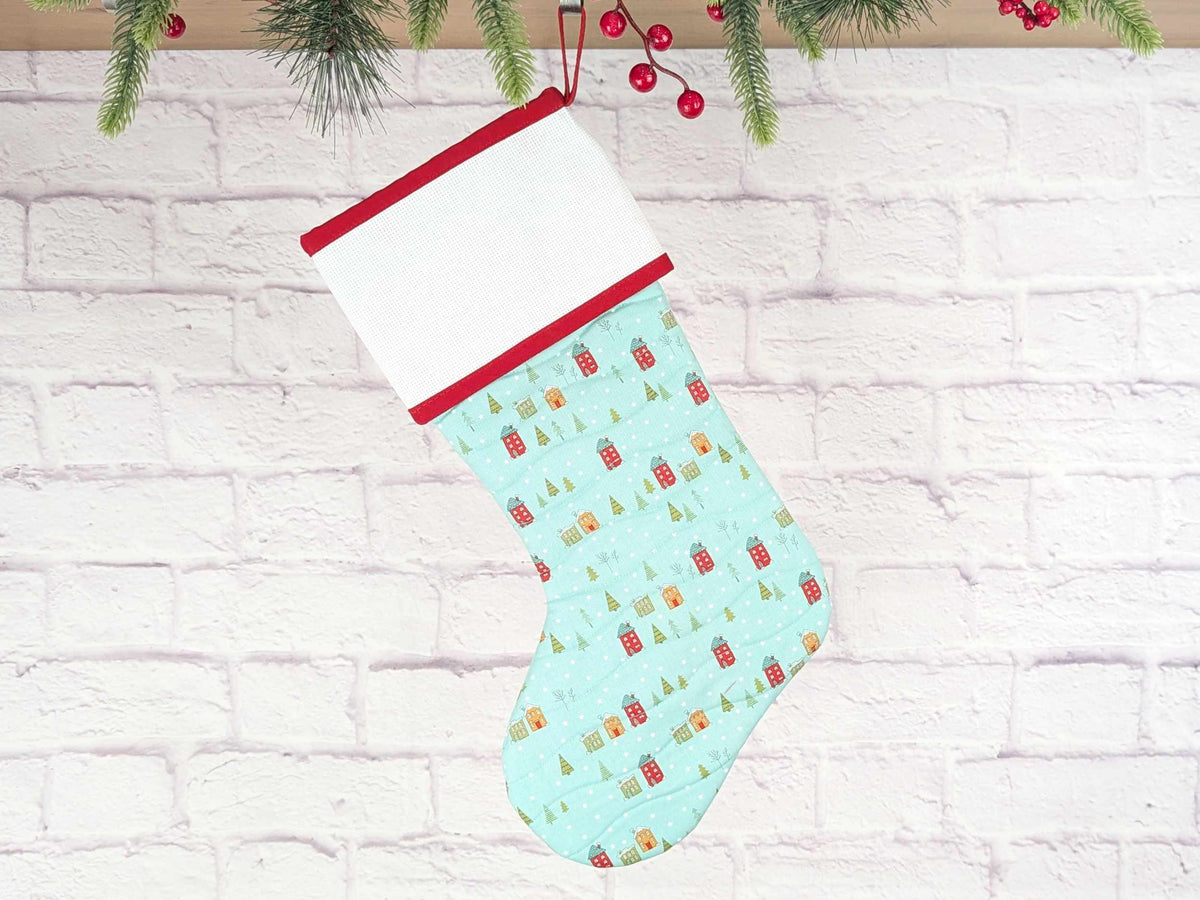 Blank Aqua Snowy Village Christmas Stocking with Cross Stitchable Cuff - Straight Style