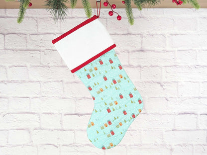 Blank Aqua Snowy Village Christmas Stocking with Cross Stitchable Cuff - Straight Style