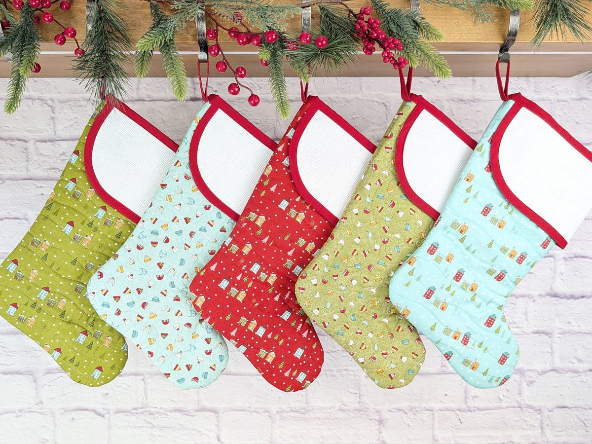 Blank Aqua Snowy Village Christmas Stocking with Cross Stitchable Cuff - Curved Style