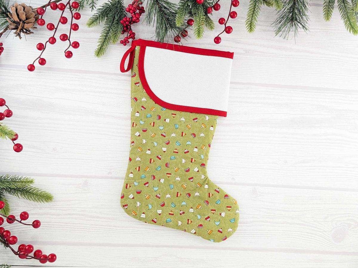 Blank Green Snow Hats Christmas Stocking with Cross Stitchable Cuff - Curved Style