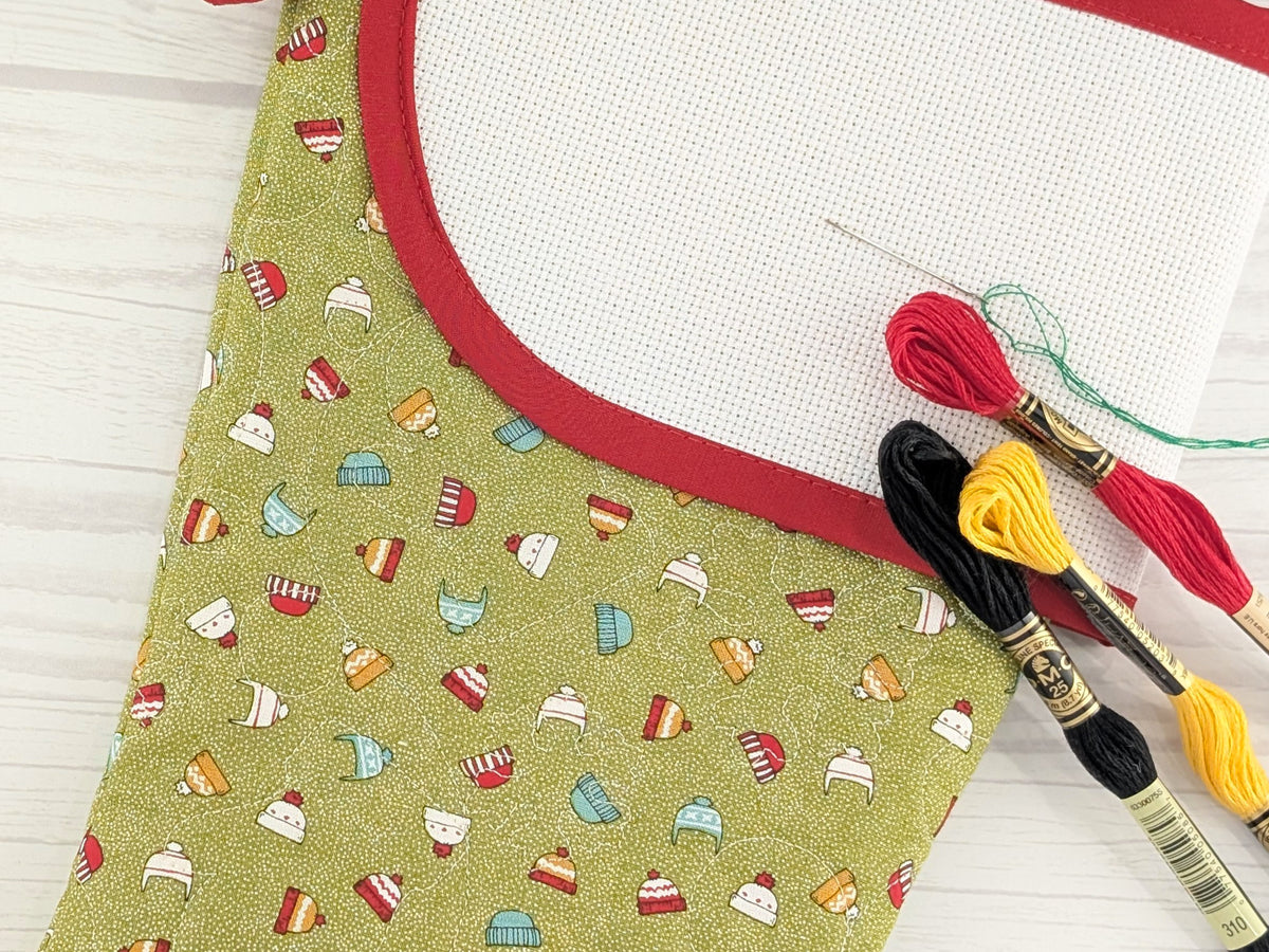 Blank Green Snow Hats Christmas Stocking with Cross Stitchable Cuff - Curved Style