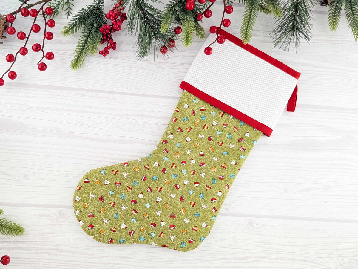 Blank Green Snow Hats Christmas Stocking with Cross Stitchable Cuff - Straight Style