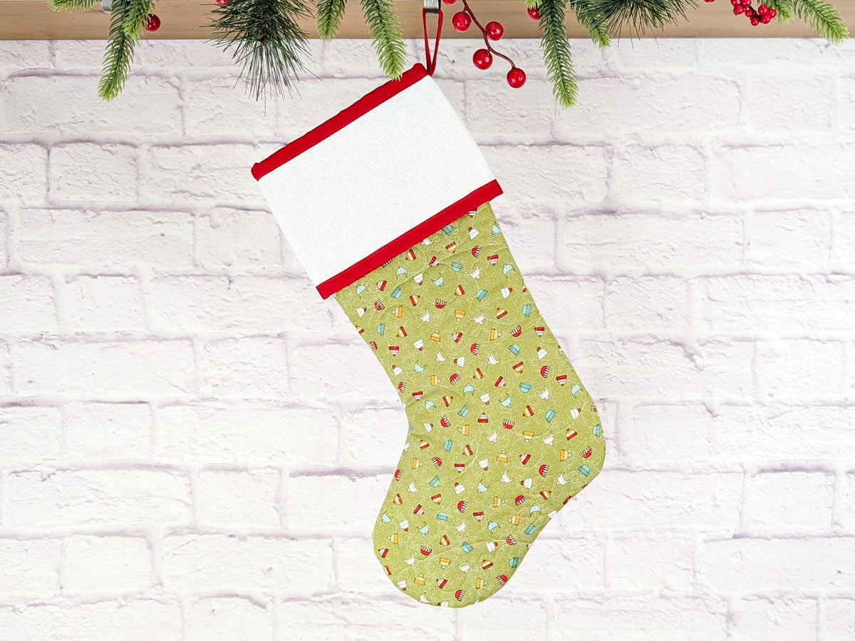 Blank Green Snow Hats Christmas Stocking with Cross Stitchable Cuff - Straight Style