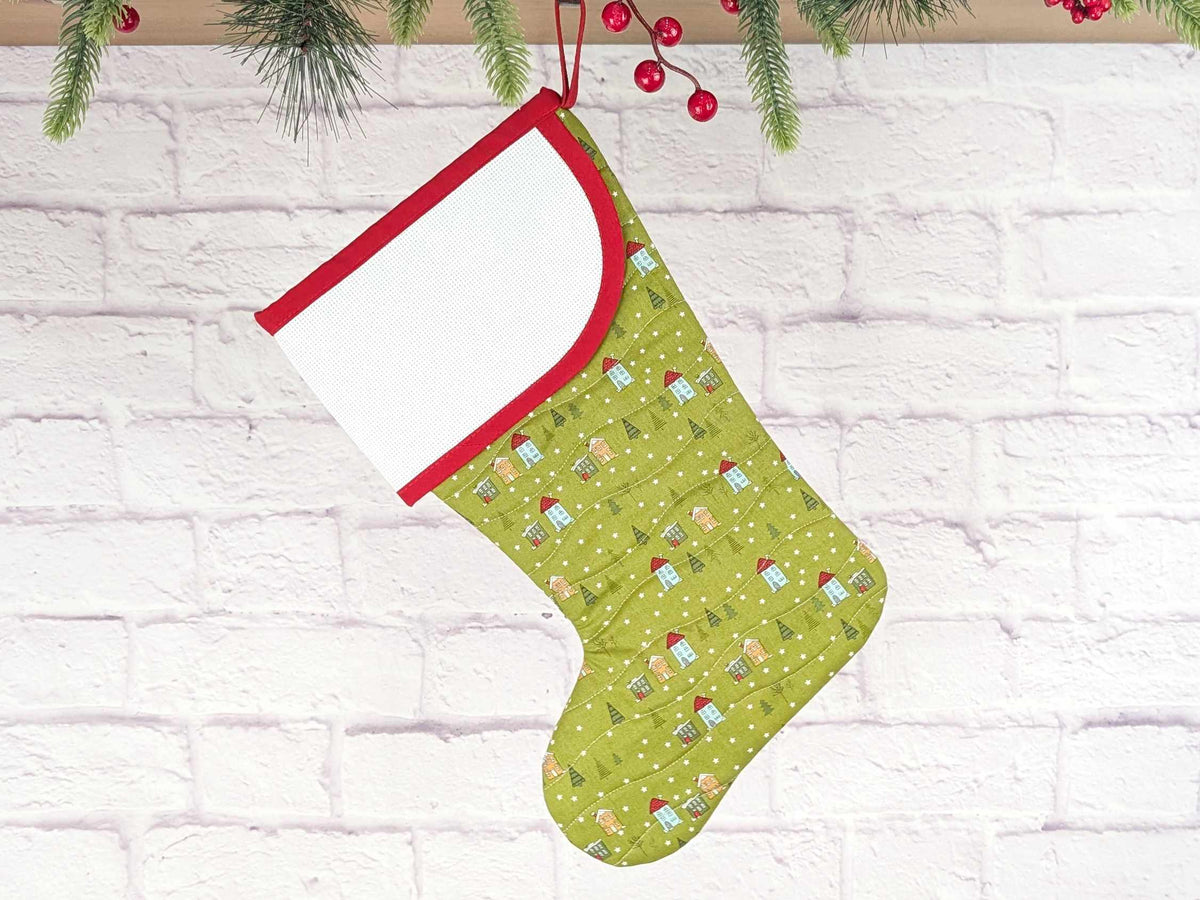 Blank Green Snowy Village Christmas Stocking with Cross Stitchable Cuff - Curved Style