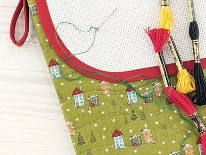 Blank Green Snowy Village Christmas Stocking with Cross Stitchable Cuff - Curved Style