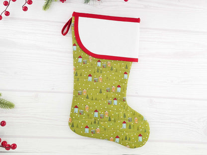 Blank Green Snowy Village Christmas Stocking with Cross Stitchable Cuff - Curved Style