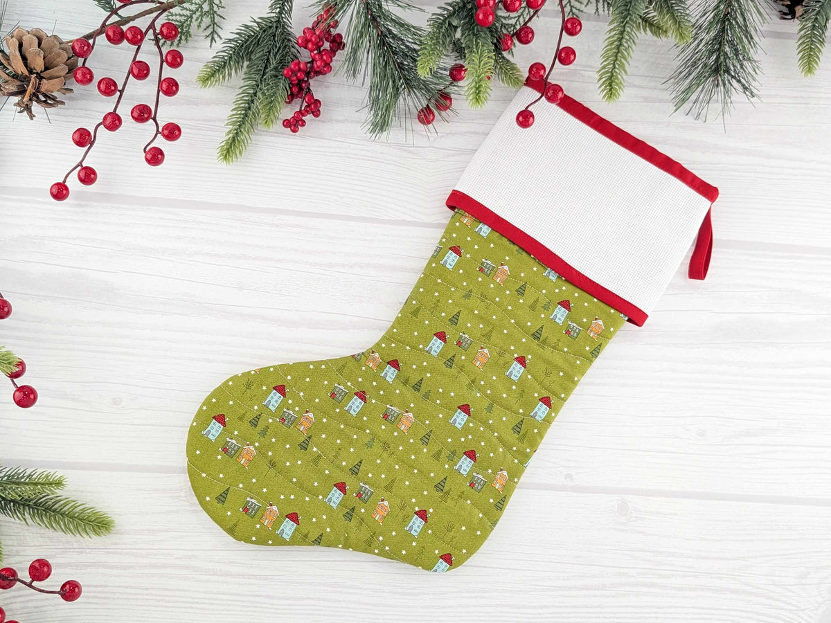 Blank Green Snowy Village Christmas Stocking with Cross Stitchable Cuff - Straight Style