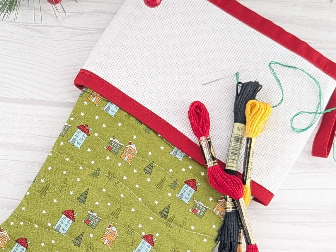 Blank Green Snowy Village Christmas Stocking with Cross Stitchable Cuff - Straight Style