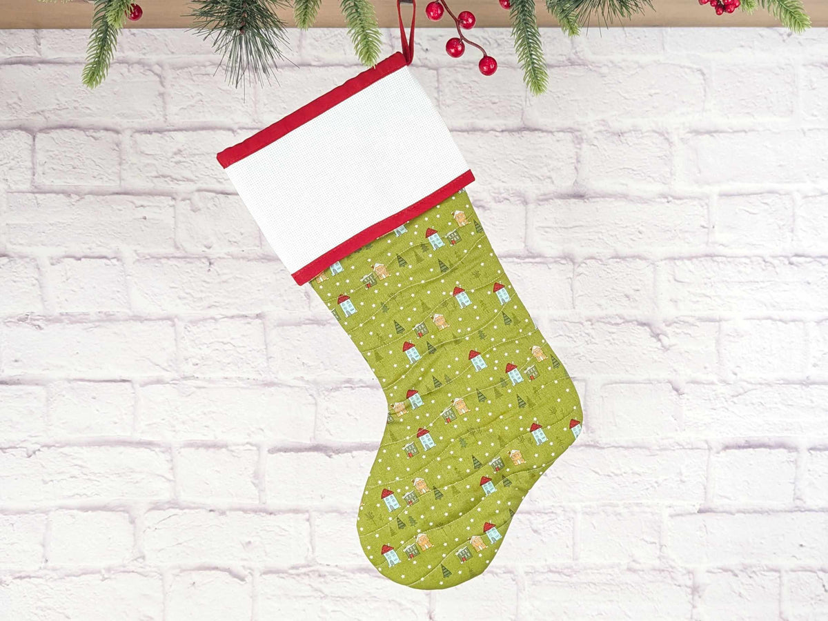 Blank Green Snowy Village Christmas Stocking with Cross Stitchable Cuff - Straight Style