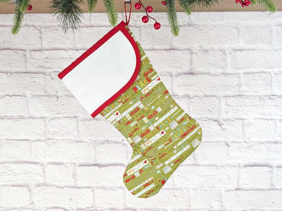 Blank Green Holiday Words Christmas Stocking with Cross Stitchable Cuff - Curved Style