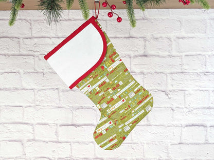 Blank Green Holiday Words Christmas Stocking with Cross Stitchable Cuff - Curved Style