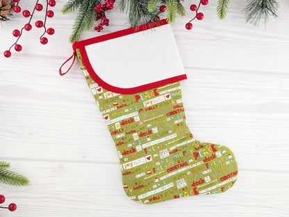 Blank Green Holiday Words Christmas Stocking with Cross Stitchable Cuff - Curved Style