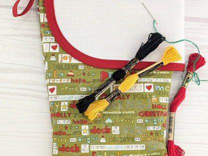 Blank Green Holiday Words Christmas Stocking with Cross Stitchable Cuff - Curved Style