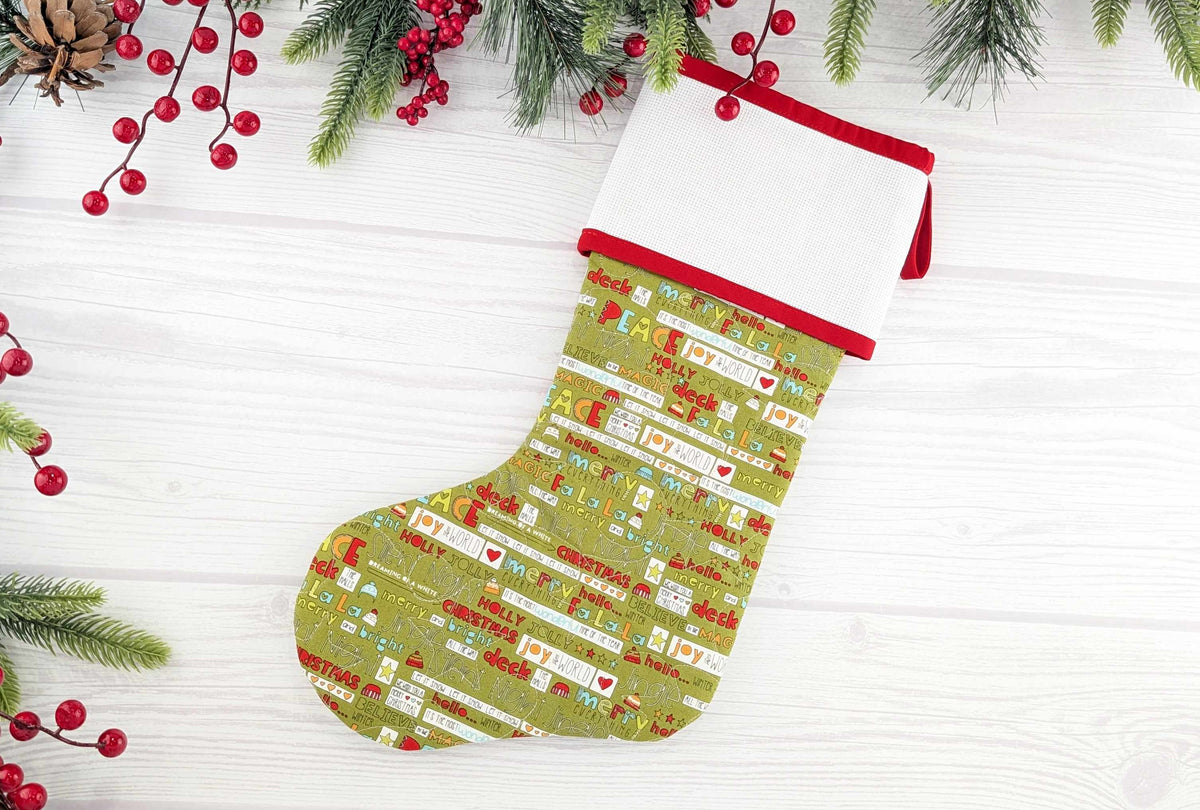 Blank Green Words Christmas Stocking with Cross Stitchable Cuff - Straight Style