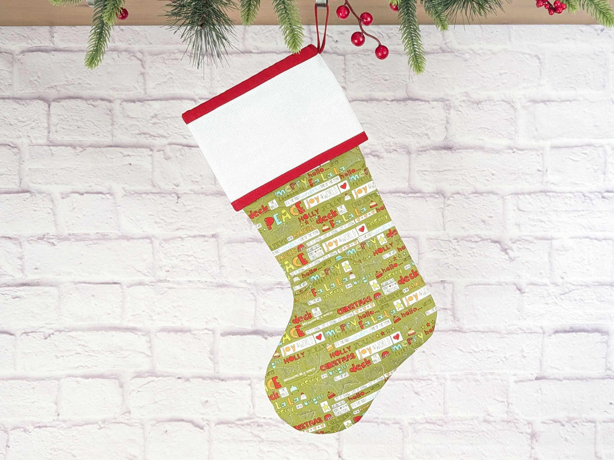 Blank Green Words Christmas Stocking with Cross Stitchable Cuff - Straight Style