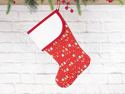 Blank Red Snowy Village Christmas Stocking with Cross Stitchable Cuff - Curved Style