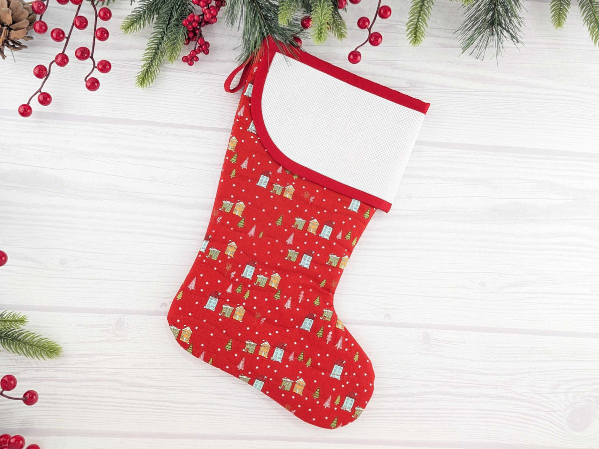 Blank Red Snowy Village Christmas Stocking with Cross Stitchable Cuff - Curved Style