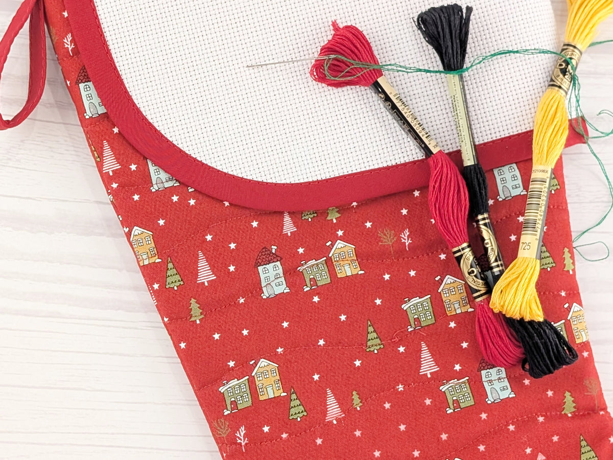 Blank Red Snowy Village Christmas Stocking with Cross Stitchable Cuff - Curved Style