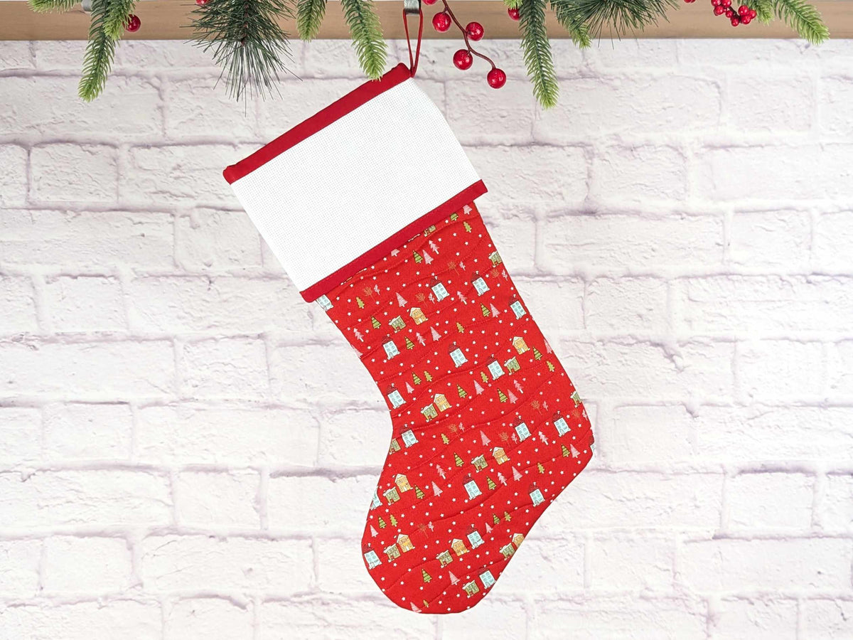 Blank Red Snowy Village Christmas Stocking with Cross Stitchable Cuff - Straight Style