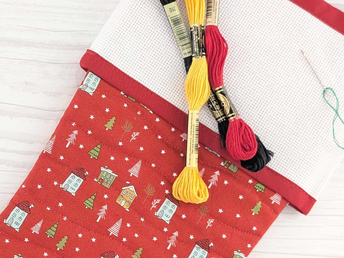 Blank Red Snowy Village Christmas Stocking with Cross Stitchable Cuff - Straight Style