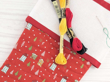 Blank Red Snowy Village Christmas Stocking with Cross Stitchable Cuff - Straight Style