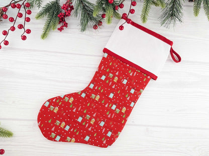 Blank Red Snowy Village Christmas Stocking with Cross Stitchable Cuff - Straight Style
