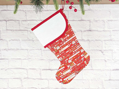 Blank Red Holiday Words Christmas Stocking with Cross Stitchable Cuff - Curved Style