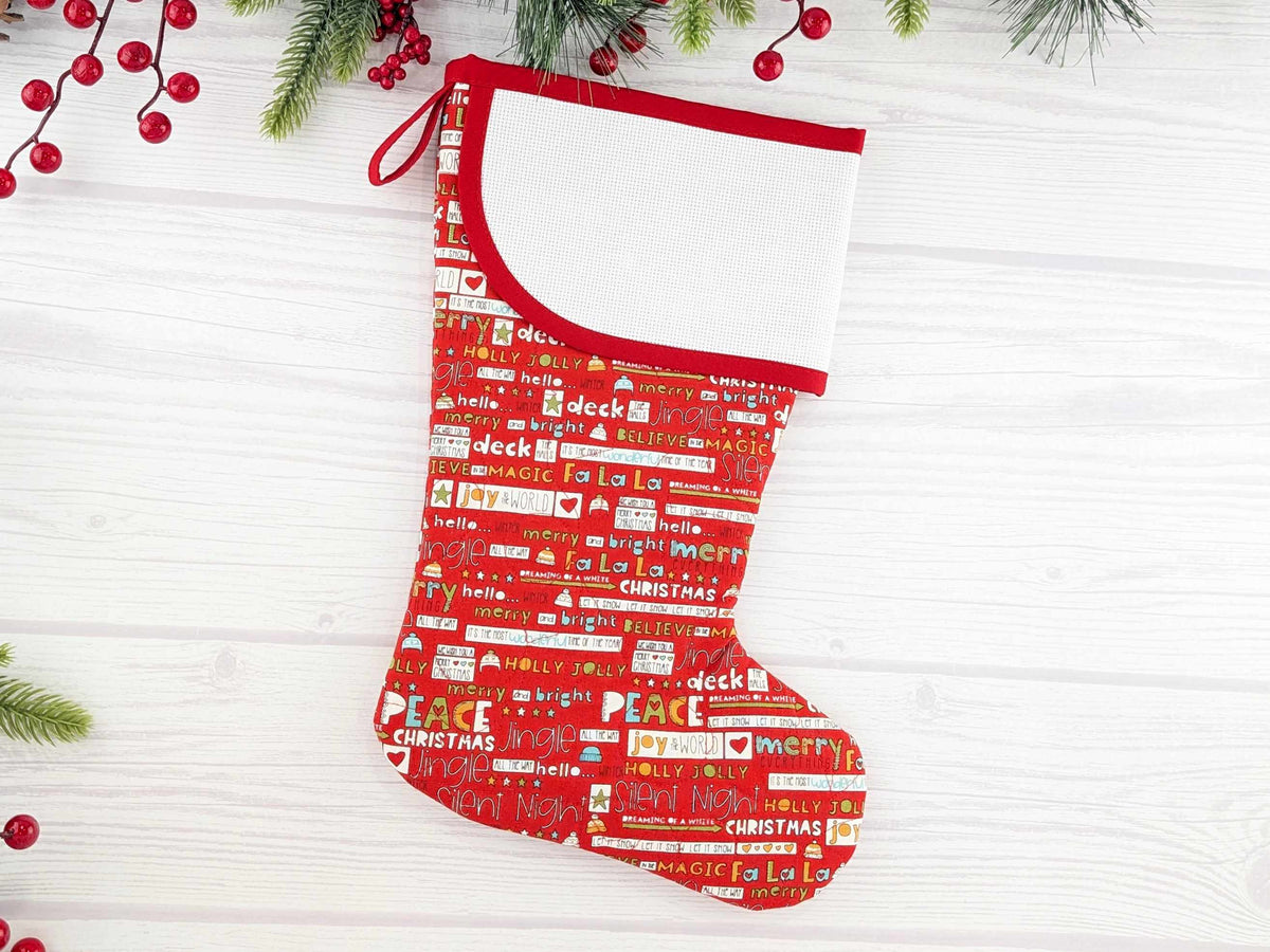 Blank Red Holiday Words Christmas Stocking with Cross Stitchable Cuff - Curved Style