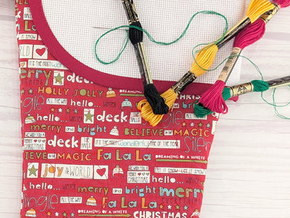 Blank Red Holiday Words Christmas Stocking with Cross Stitchable Cuff - Curved Style