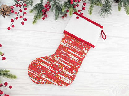 Blank Red Words Christmas Stocking with Cross Stitchable Cuff - Straight Style