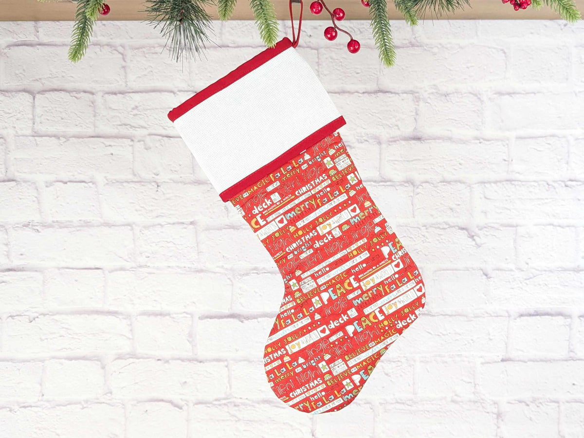Blank Red Words Christmas Stocking with Cross Stitchable Cuff - Straight Style