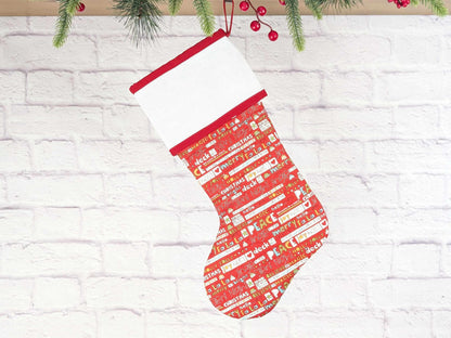 Blank Red Words Christmas Stocking with Cross Stitchable Cuff - Straight Style