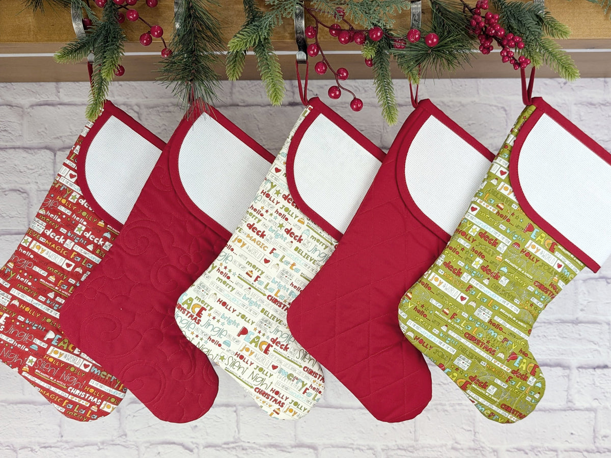 Blank White Holiday Words Christmas Stocking with Cross Stitchable Cuff - Curved Style